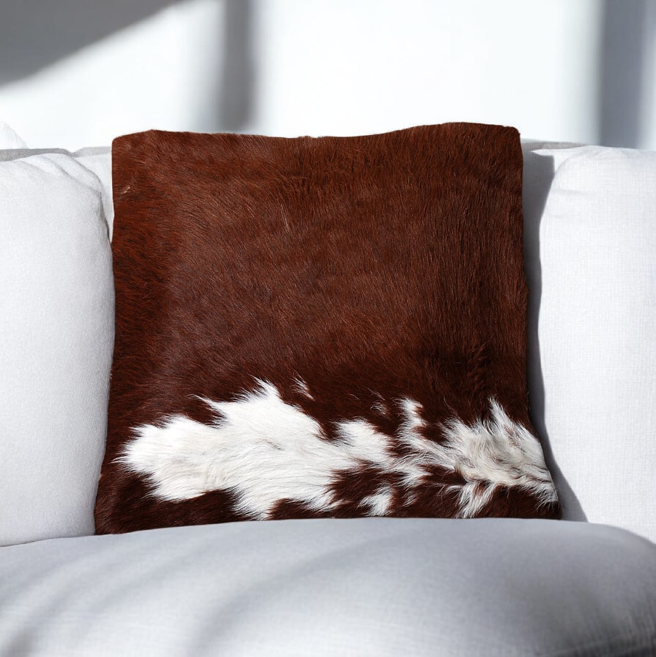 Genuine Cowhide Leather Cushion Cover – Brown & White Natural Patch Design
