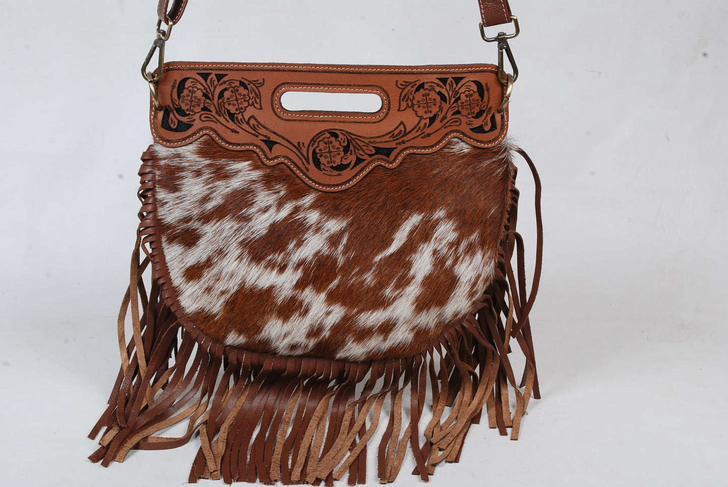 Brown & white Cowhide Leather Fringe Tote Bag – Handcrafted Shoulder Carry
