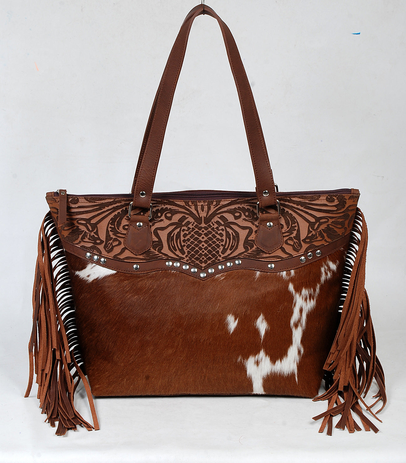 Handcrafted Brown Cowhide Leather Fringe Tote Bag with Tooled Leather Flap