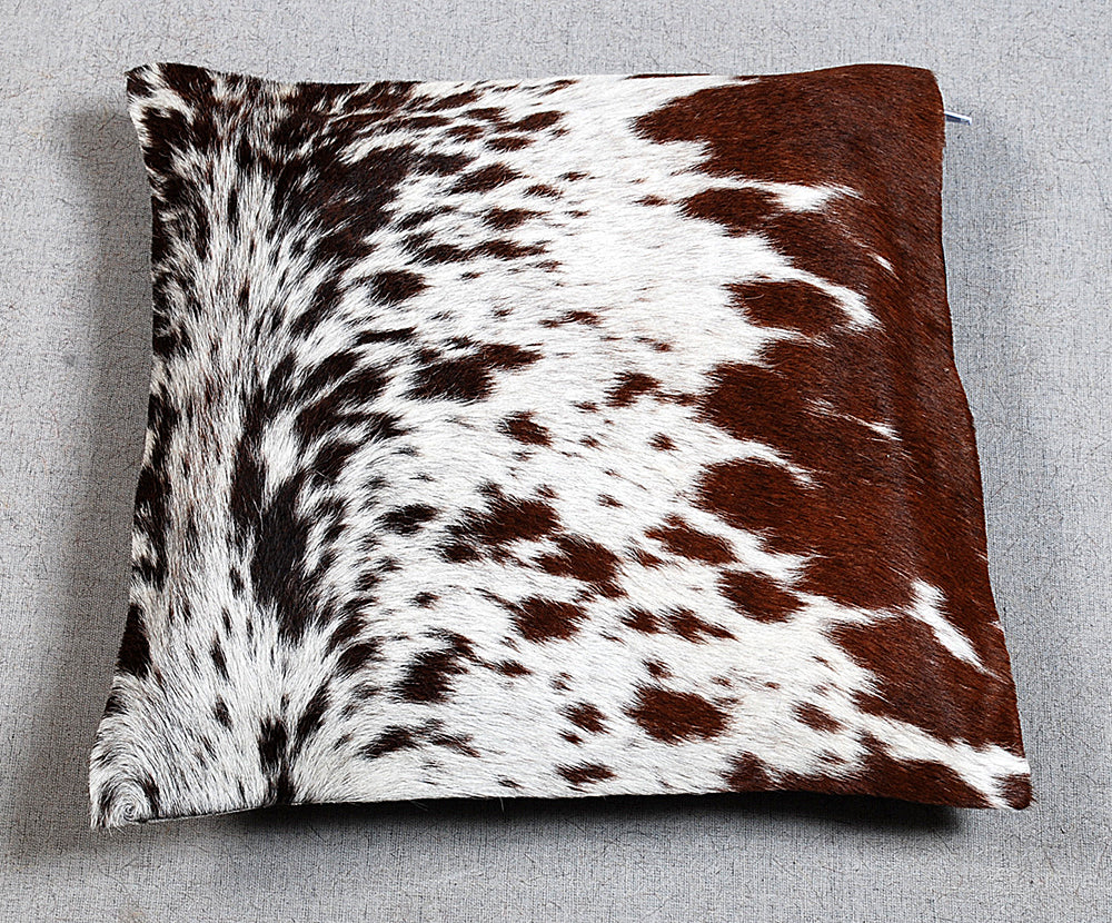 Genuine Cowhide Leather Cushion Cover – Brown & White Natural Design