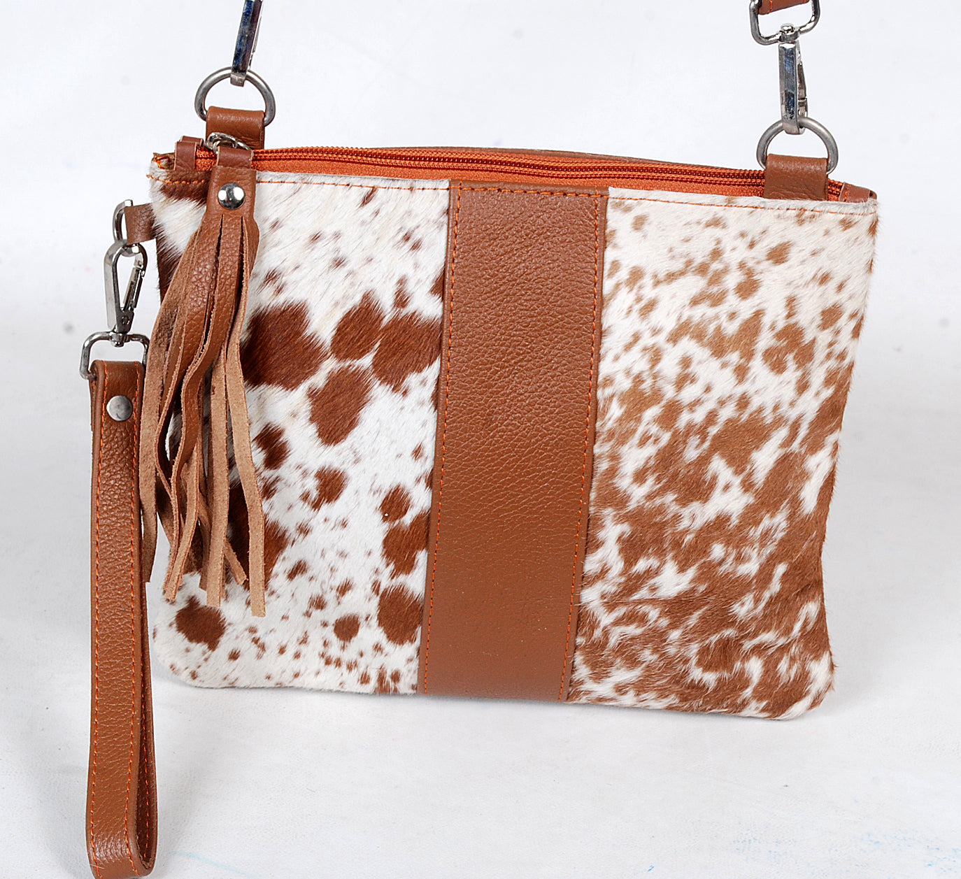 Cowhide Leather Crossbody Bag – Studded Hair-On Hide Purse with Wrist Strap