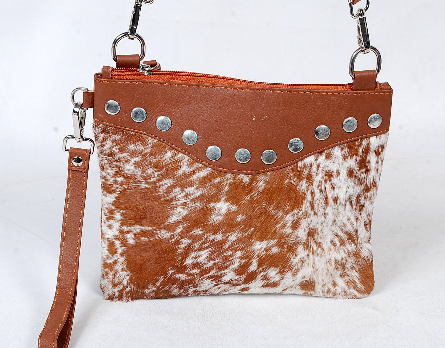 Cowhide Leather Crossbody Bag – Studded Hair-On Hide Purse with Wrist Strap