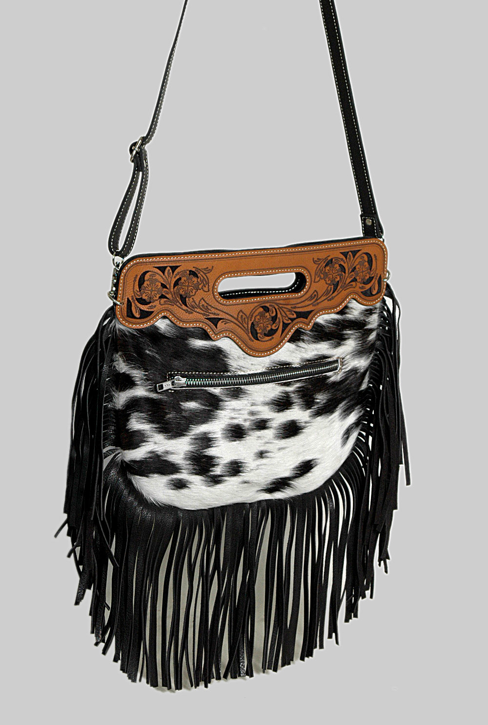 Black & white Cowhide Leather Fringe Tote Bag – Handcrafted Shoulder Carry