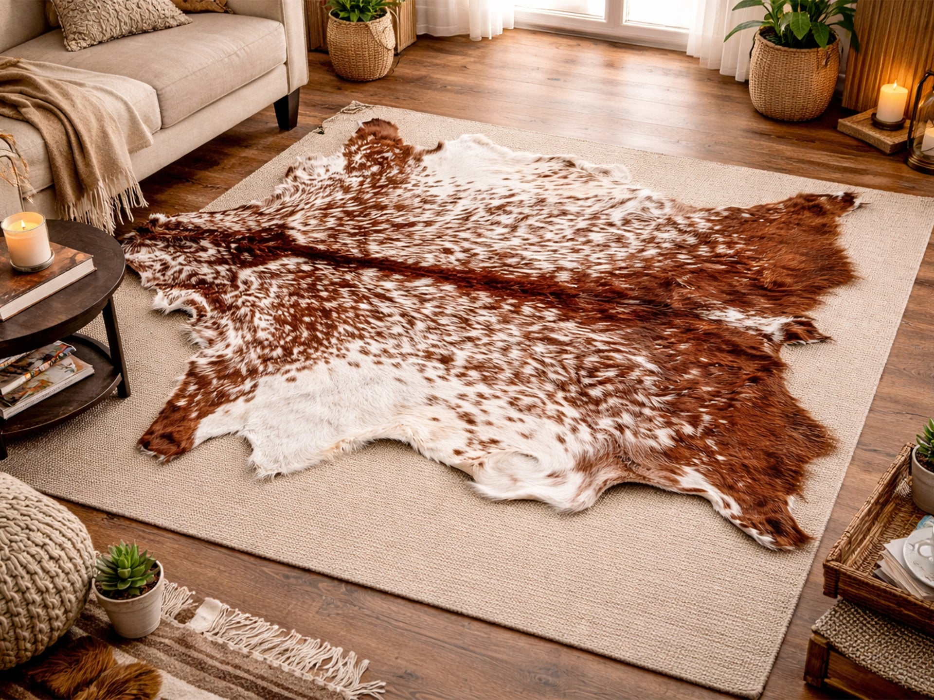 Brown and white cowhide rug on a beige rug in a living room setting.