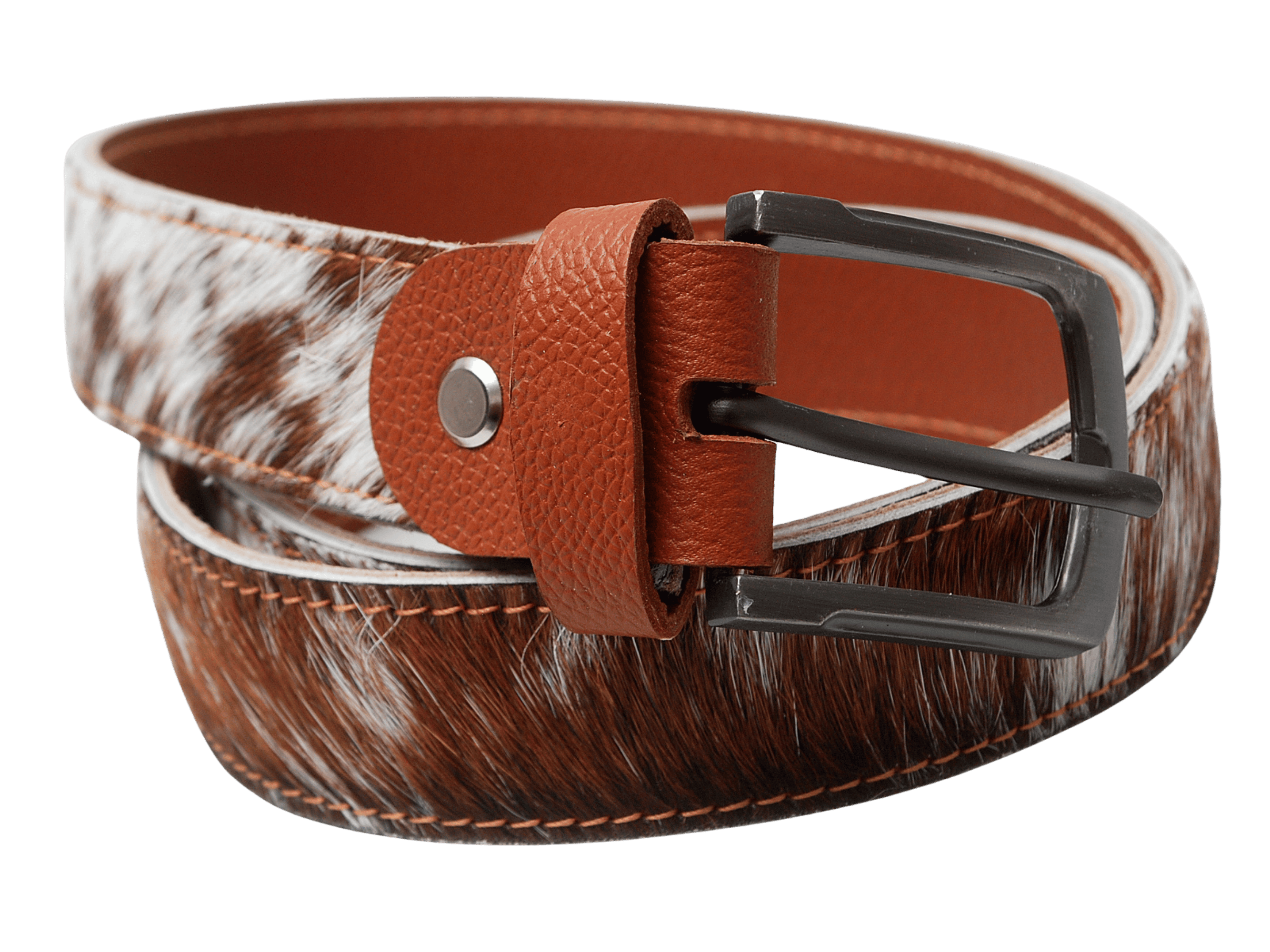 Brown leather belt with a metal buckle on a white background