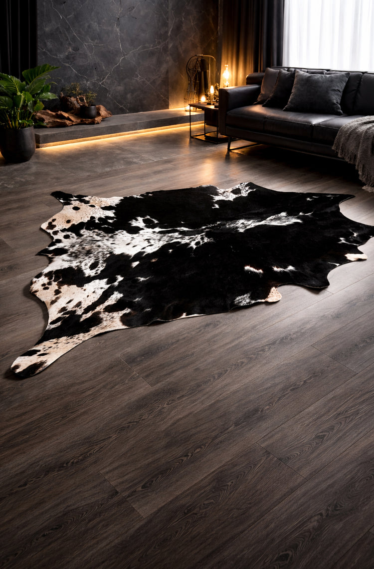 Black and white cowhide rug on a wooden floor