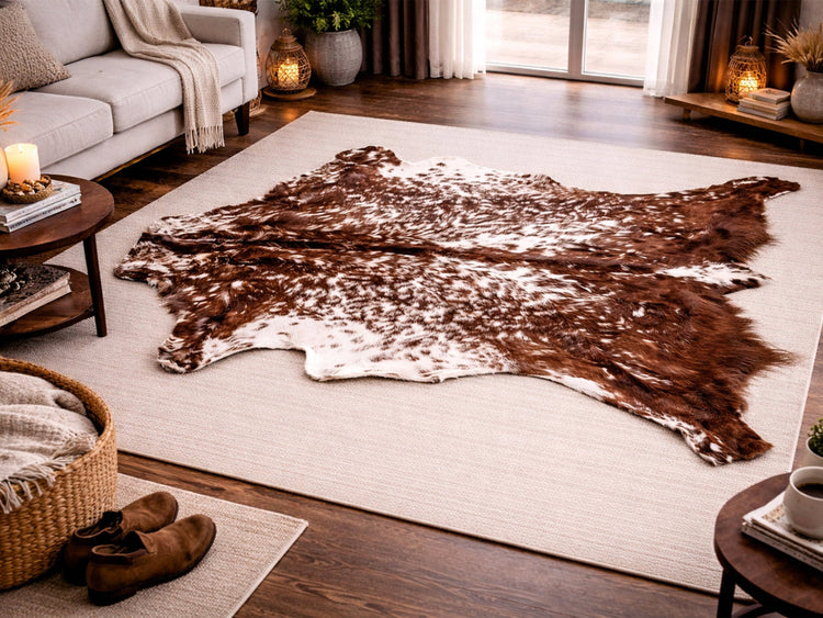 Natural brown and white cowhide rug.