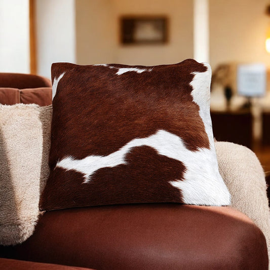 Genuine Cowhide Leather Cushion Cover – Brown & White Natural Design