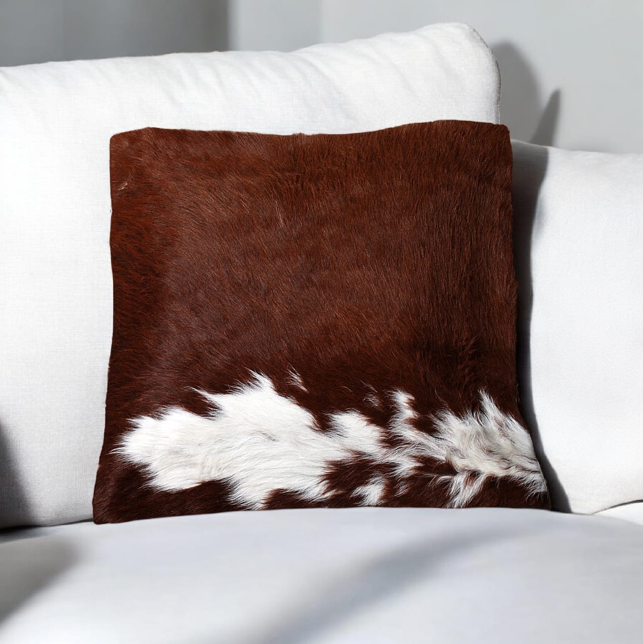 Genuine Cowhide Leather Cushion Cover – Brown & White Natural Patch Design