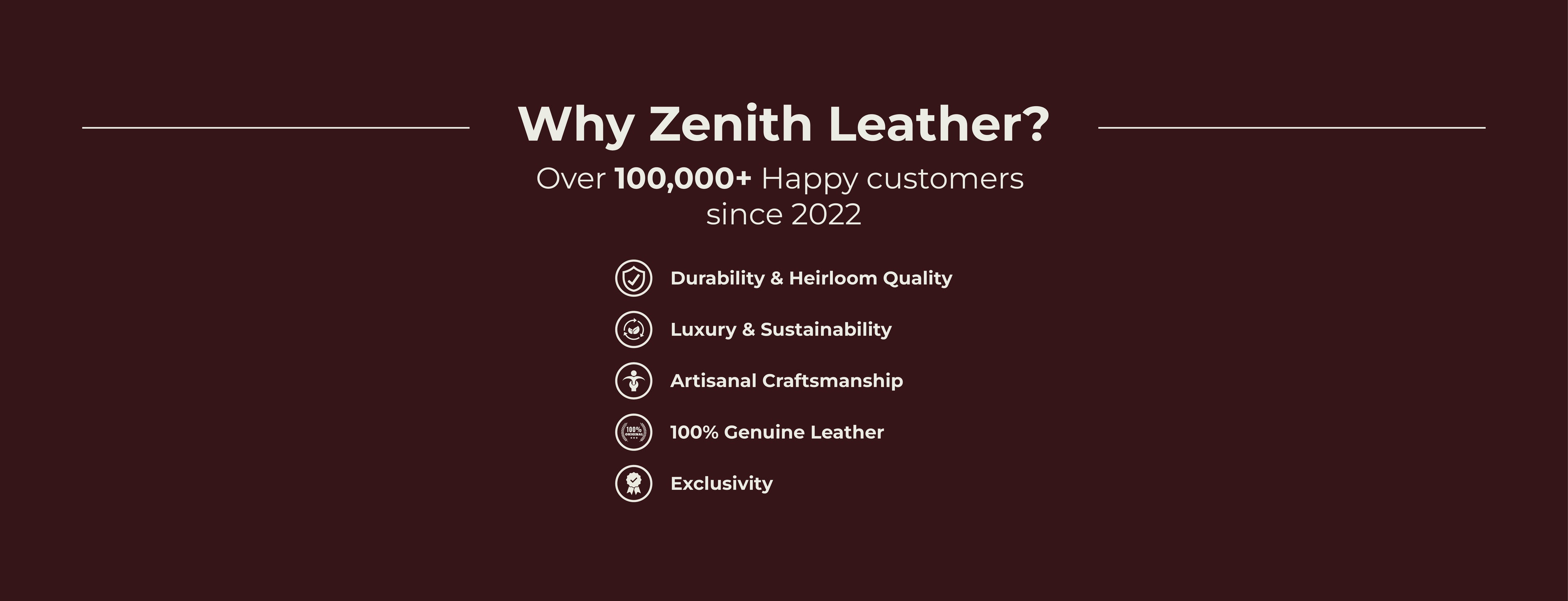 Promotional graphic for Zenith Leather highlighting features and customer satisfaction since 2022.