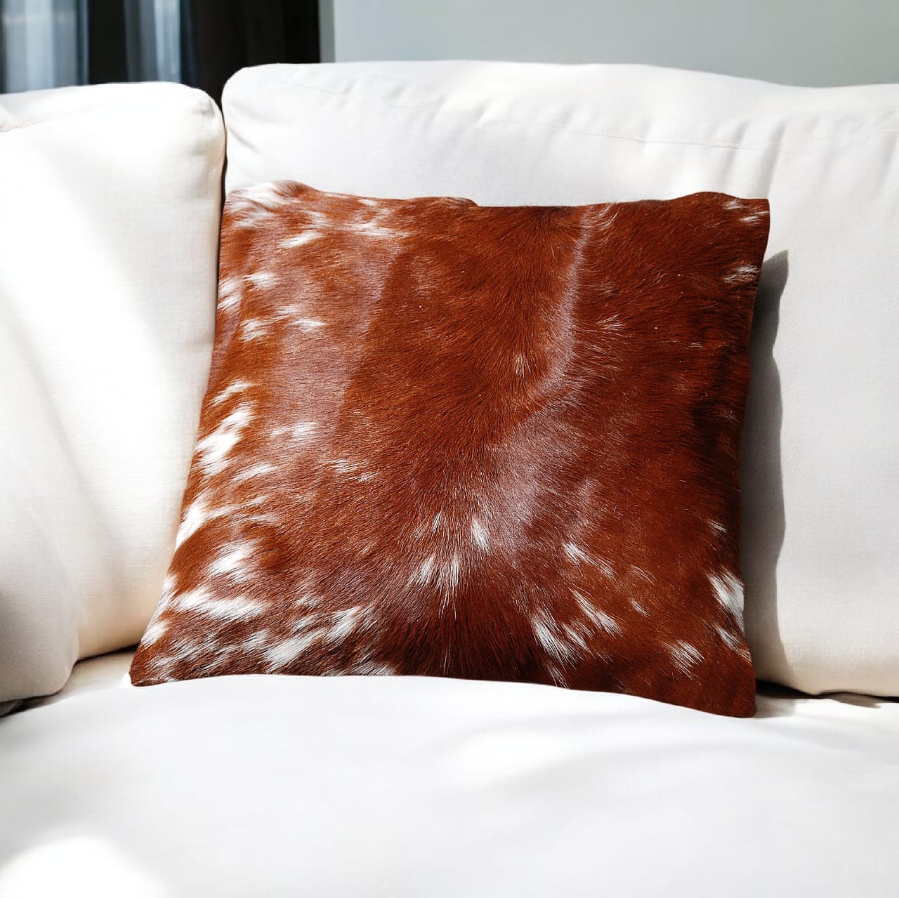 Brown and white cowhide pillow on a white sofa