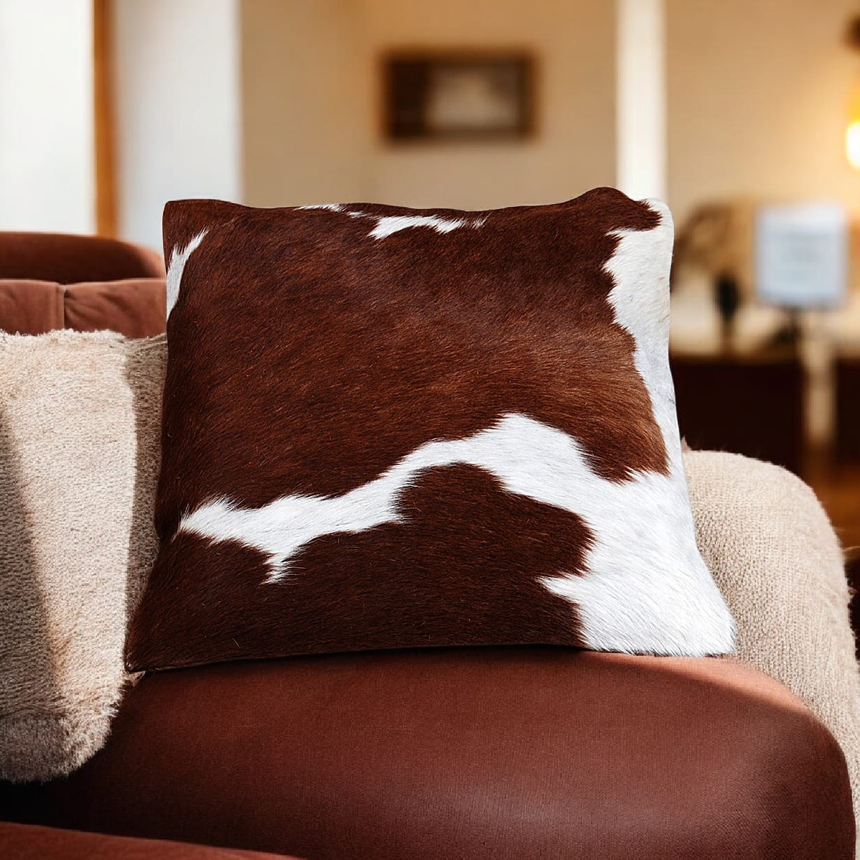 Brown and white cowhide pillow on a sofa in a living room setting