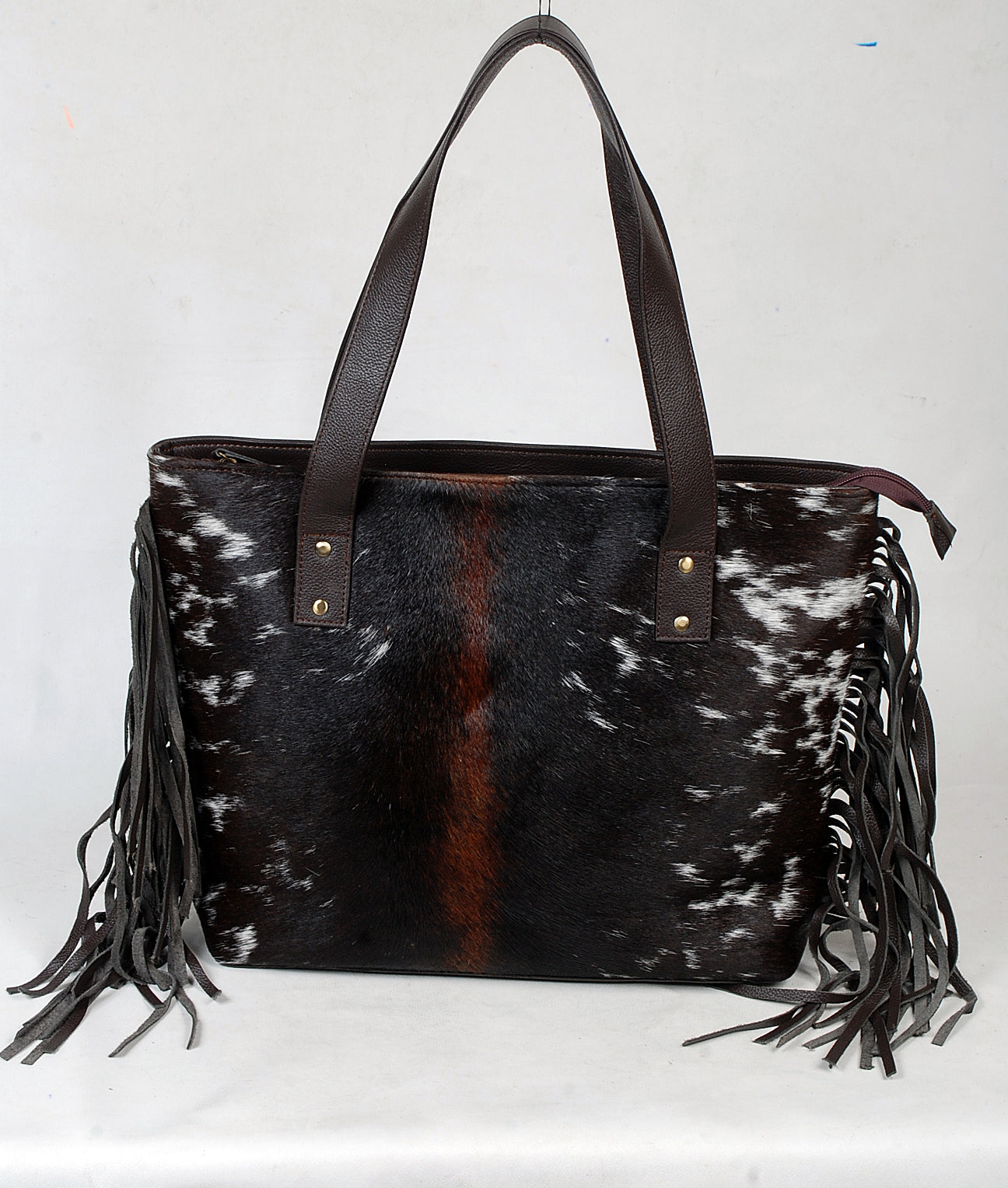 Black Cowhide Leather Fringe Tote Bag – Handcrafted Shoulder Carry
