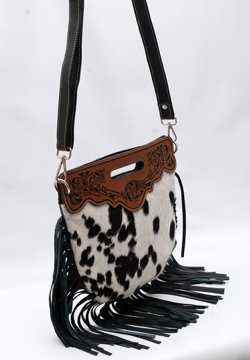 Black N White Cowhide and Leather Fringe Multiway Bag