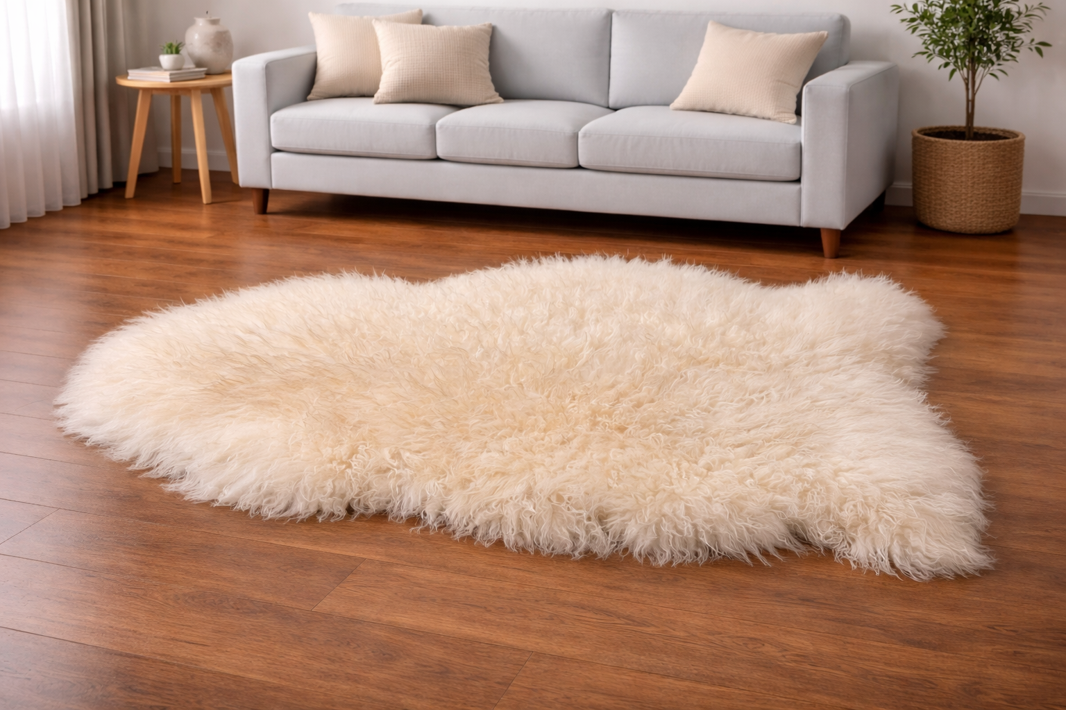 Soft natural sheepskin with plush texture for cozy and elegant décor